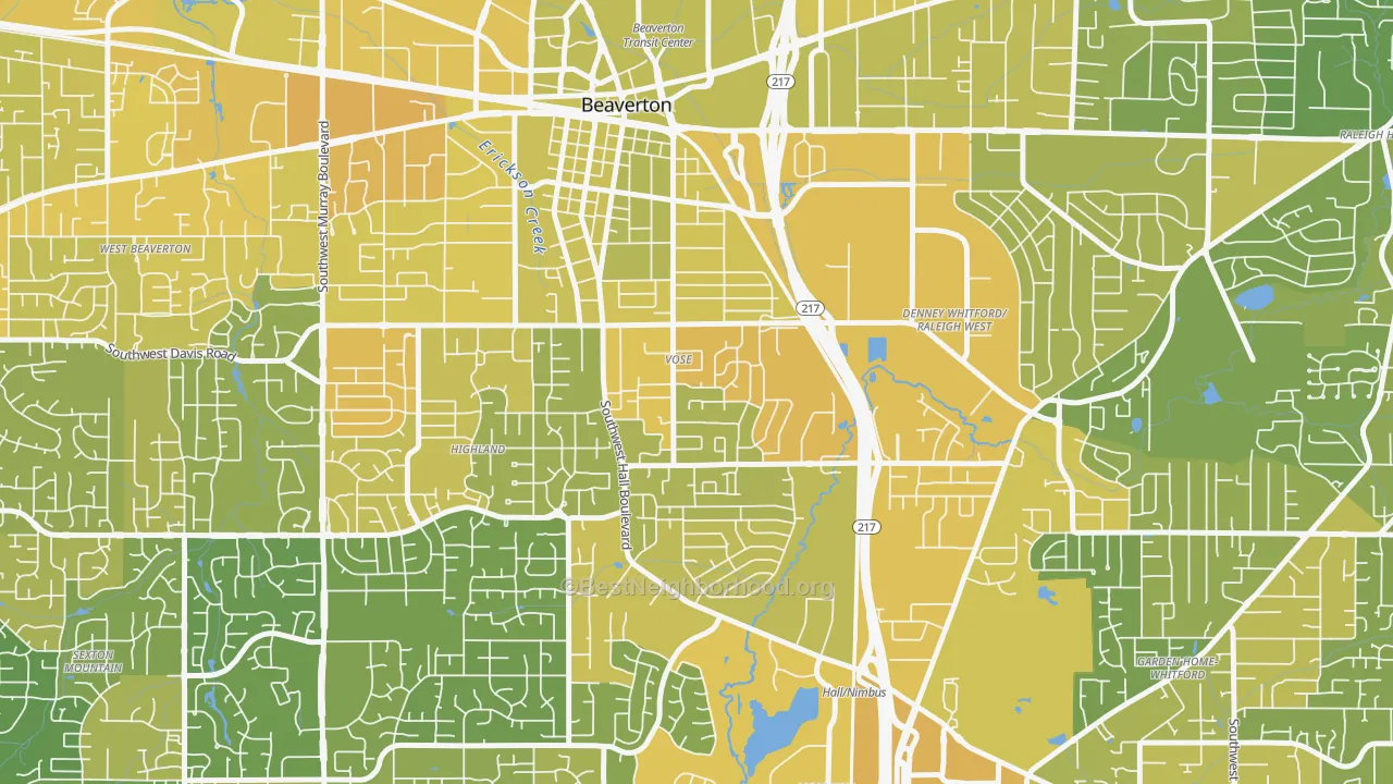 Map of the best neighborhoods in the Vose, Beaverton area, with better matches in green and worse matches in red