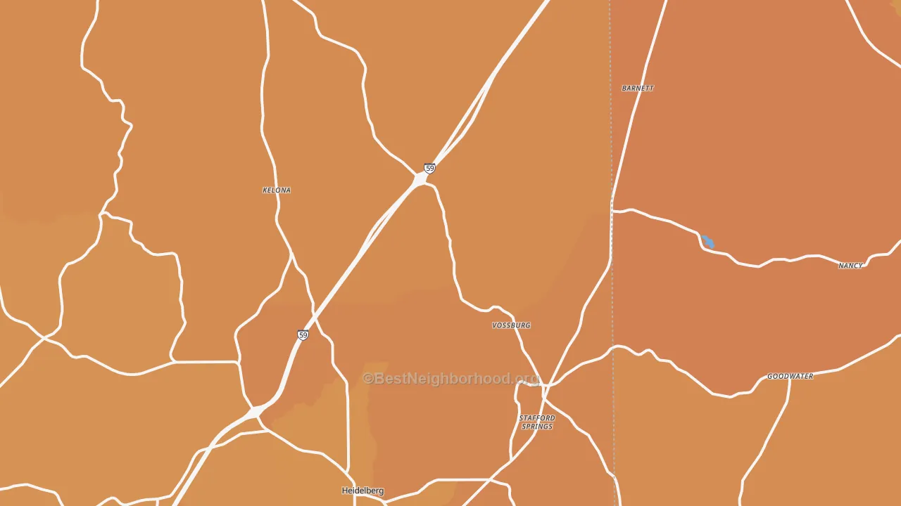 Map of the best neighborhoods in the Vossburg area, with better matches in green and worse matches in red