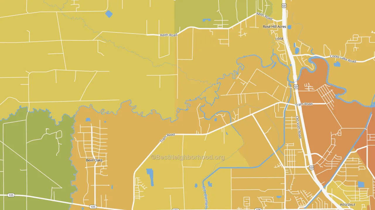 Map of the best neighborhoods in the Voth area, with better matches in green and worse matches in red