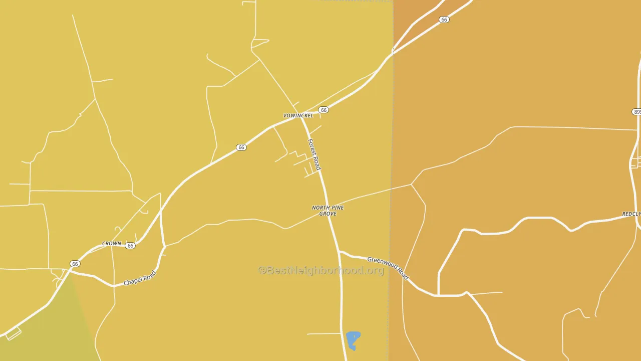 Map of the best neighborhoods in the Vowinckel area, with better matches in green and worse matches in red