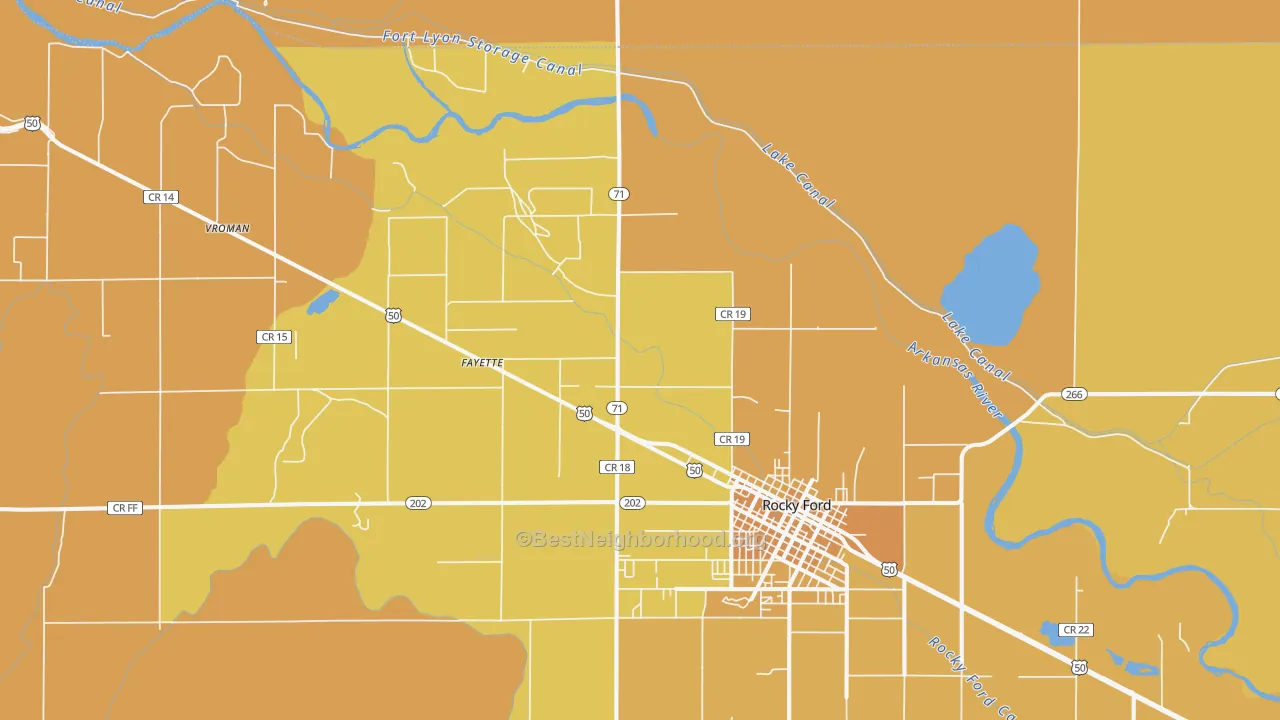 Map of the best neighborhoods in the Vroman area, with better matches in green and worse matches in red