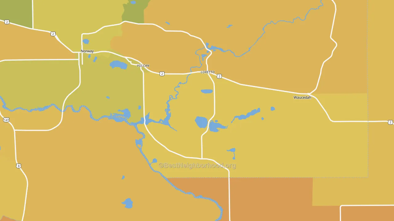 Map of the best neighborhoods in the Vulcan area, with better matches in green and worse matches in red