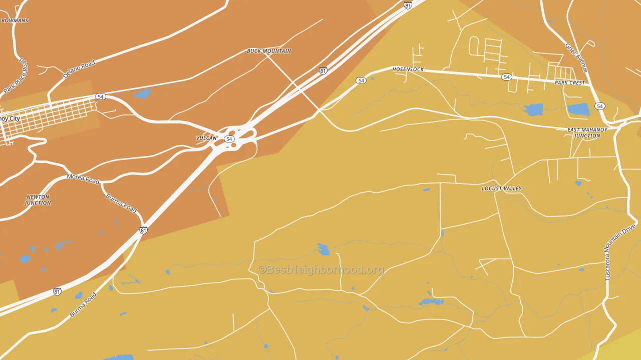 Map of the best neighborhoods in the Vulcan area, with better matches in green and worse matches in red