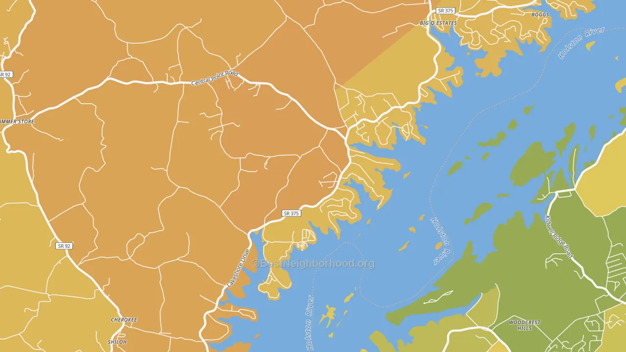 Map of the best neighborhoods in the Wa-Ni Village area, with better matches in green and worse matches in red