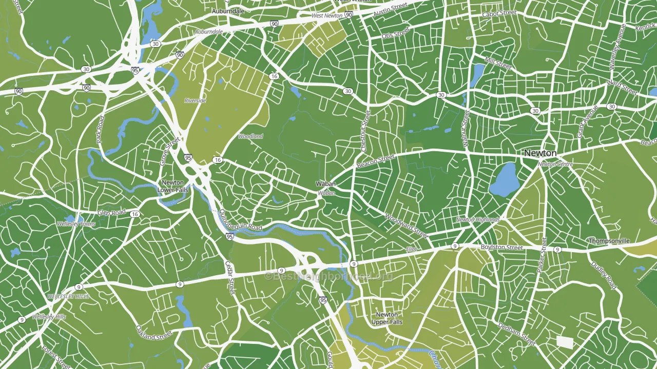 Map of the best neighborhoods in the Waban area, with better matches in green and worse matches in red