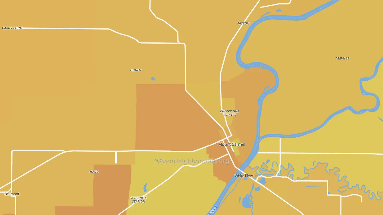 Map of the best neighborhoods in the Wabash County area, with better matches in green and worse matches in red