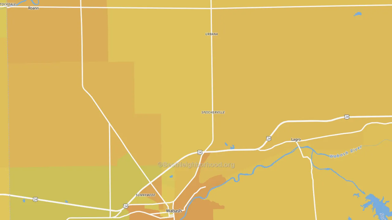 Map of the best neighborhoods in the Wabash County area, with better matches in green and worse matches in red