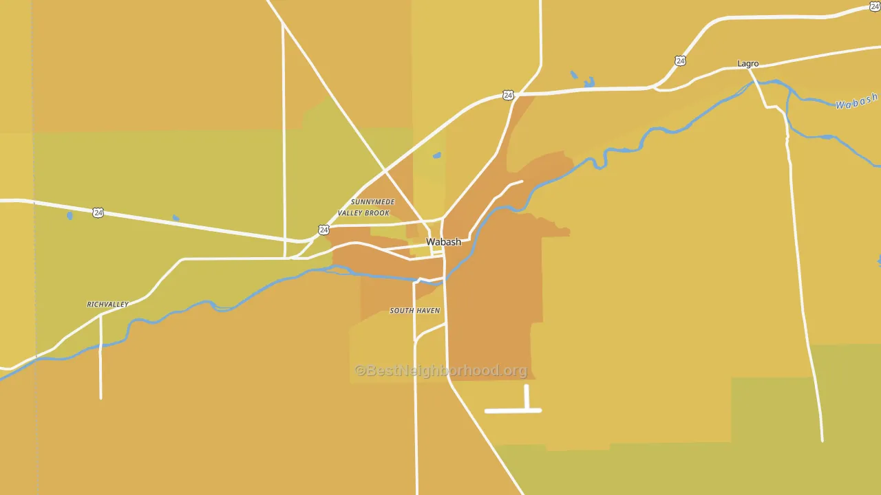 Map of the best neighborhoods in the Wabash area, with better matches in green and worse matches in red