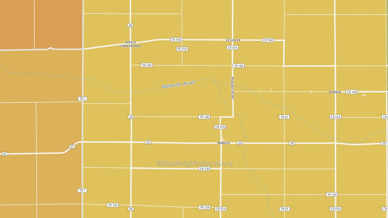 Map of the best neighborhoods in the Wabash area, with better matches in green and worse matches in red