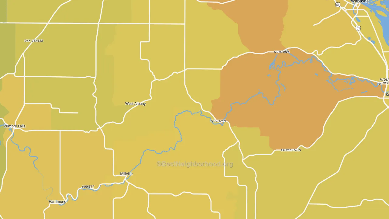 Map of the best neighborhoods in the Wabasha County area, with better matches in green and worse matches in red
