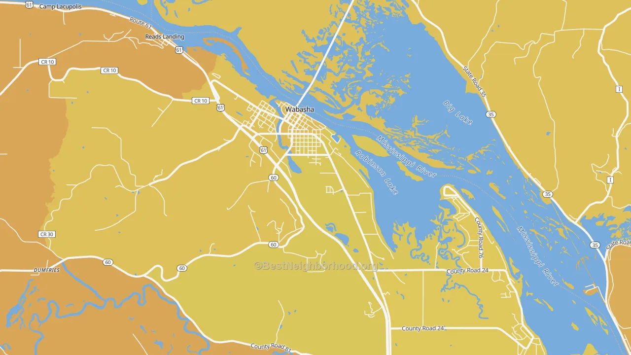 Map of the best neighborhoods in the Wabasha area, with better matches in green and worse matches in red