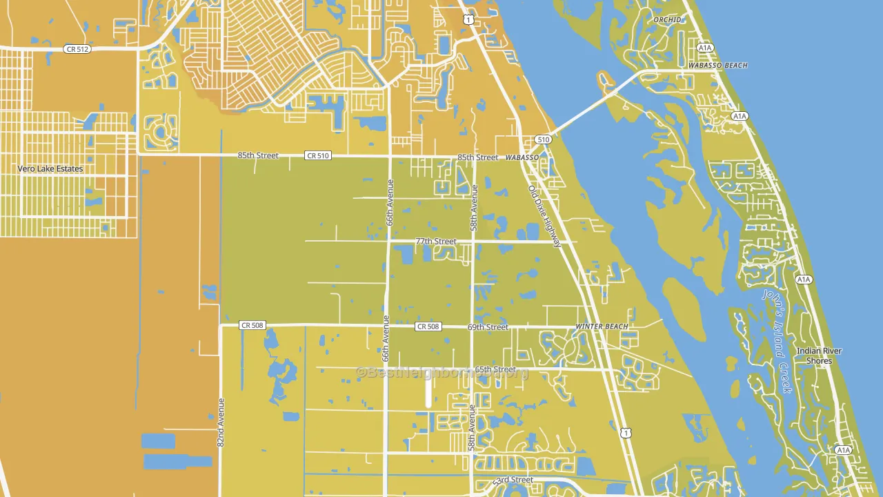 Map of the best neighborhoods in the Wabasso area, with better matches in green and worse matches in red