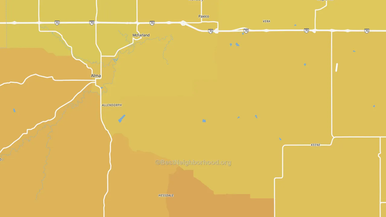 Map of the best neighborhoods in the Wabaunsee County area, with better matches in green and worse matches in red