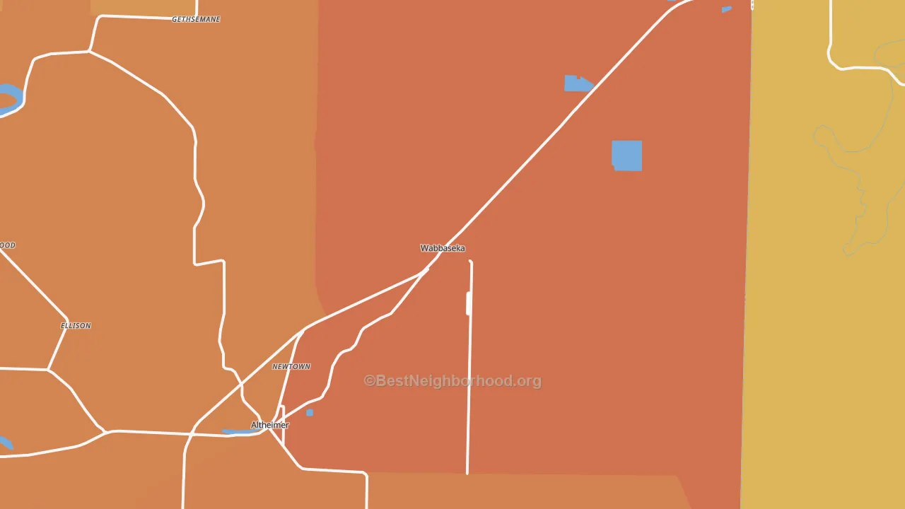 Map of the best neighborhoods in the Wabbaseka area, with better matches in green and worse matches in red