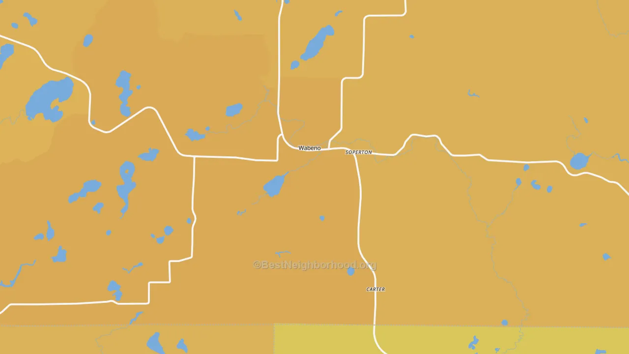 Map of the best neighborhoods in the Wabeno area, with better matches in green and worse matches in red