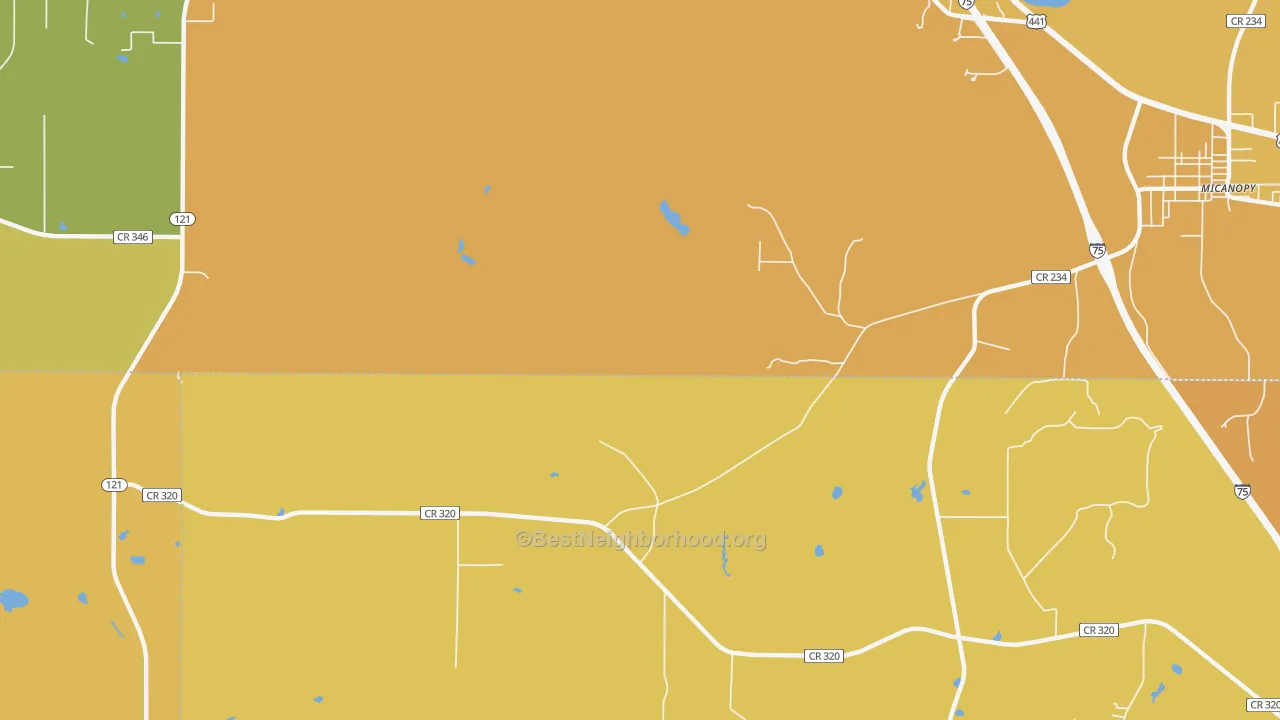Map of the best neighborhoods in the Wacahoota area, with better matches in green and worse matches in red