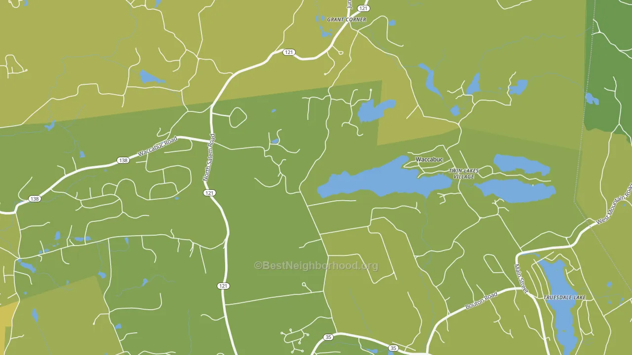 Map of the best neighborhoods in the Waccabuc area, with better matches in green and worse matches in red