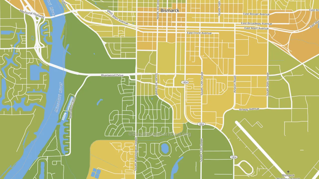 Map of the best neighborhoods in the Wachter's, Bismarck area, with better matches in green and worse matches in red