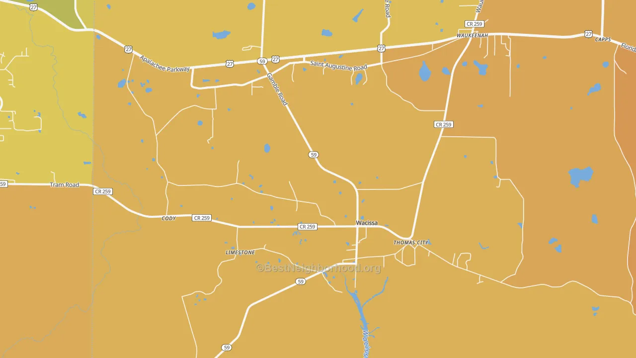 Map of the best neighborhoods in the Wacissa area, with better matches in green and worse matches in red