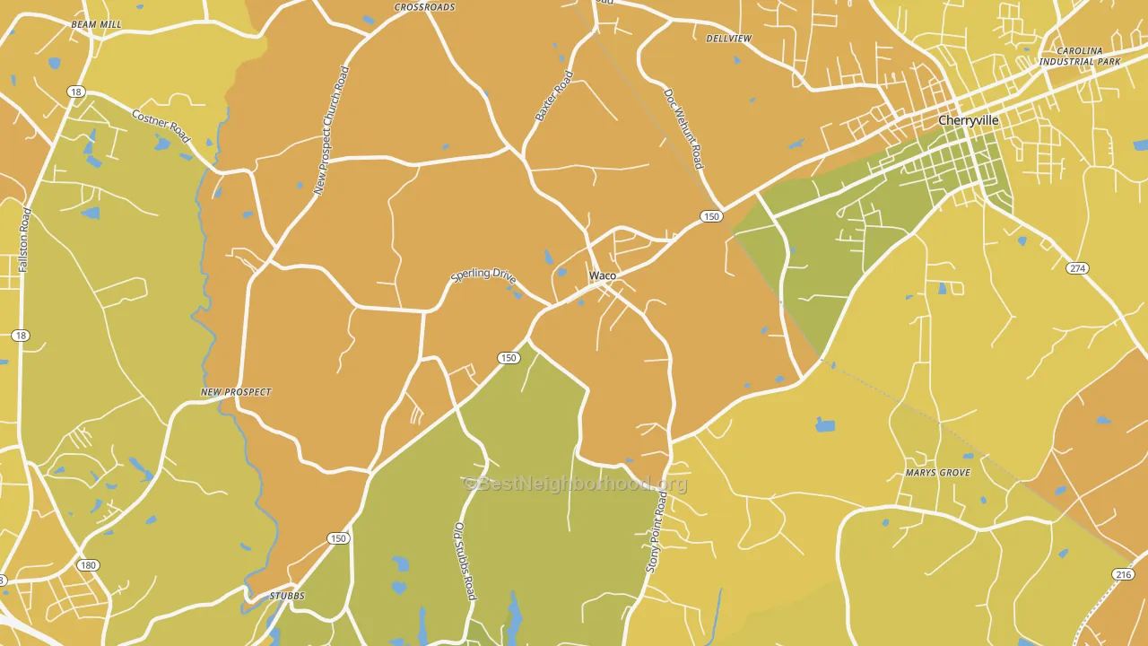 Map of the best neighborhoods in the Waco area, with better matches in green and worse matches in red