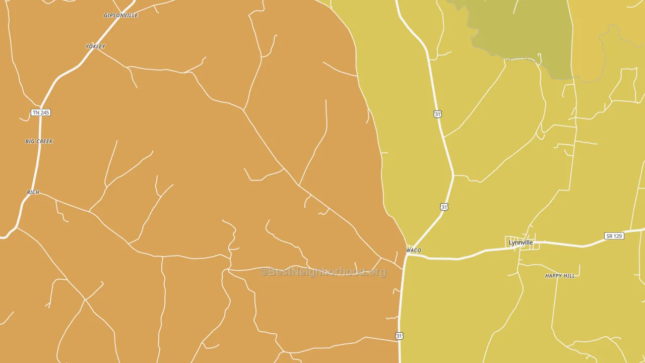 Map of the best neighborhoods in the Waco area, with better matches in green and worse matches in red