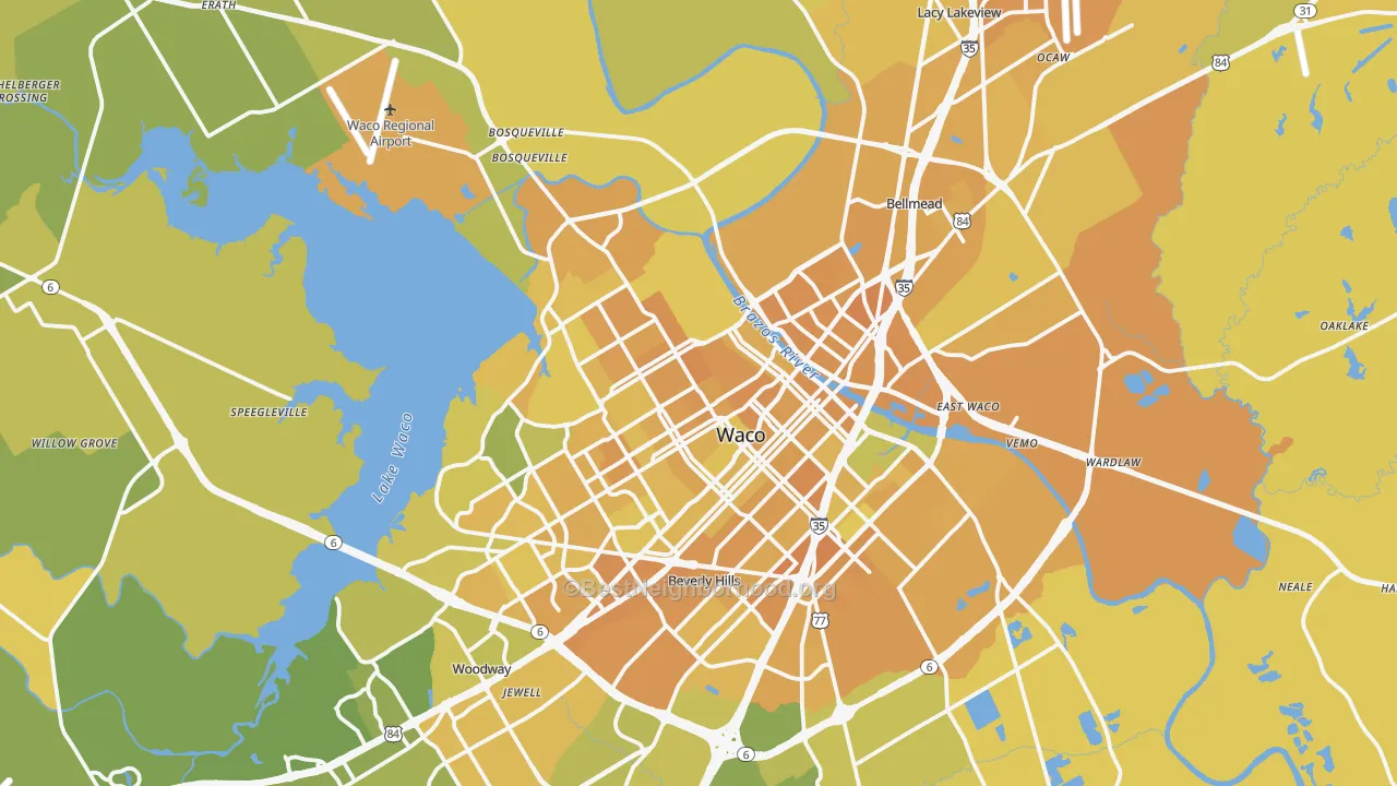 Map of the best neighborhoods in the Waco Metro area, with better matches in green and worse matches in red