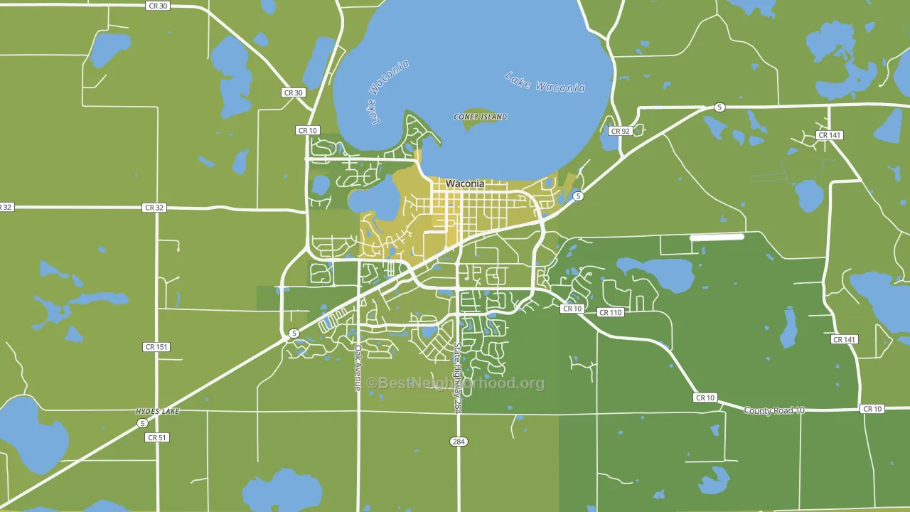 Map of the best neighborhoods in the Waconia area, with better matches in green and worse matches in red