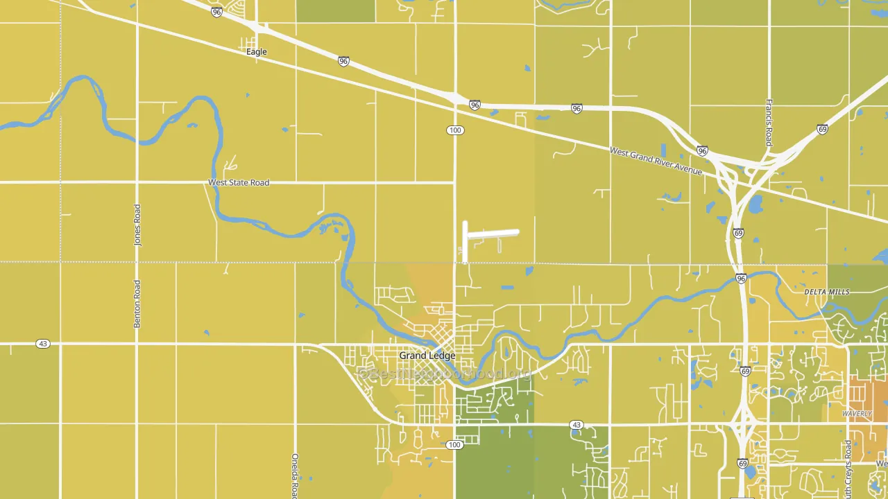 Map of the best neighborhoods in the Wacousta area, with better matches in green and worse matches in red