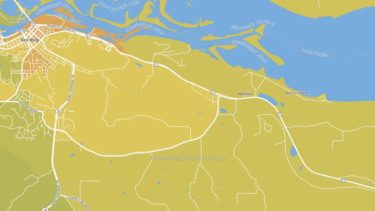 Map of the best neighborhoods in the Wacouta area, with better matches in green and worse matches in red