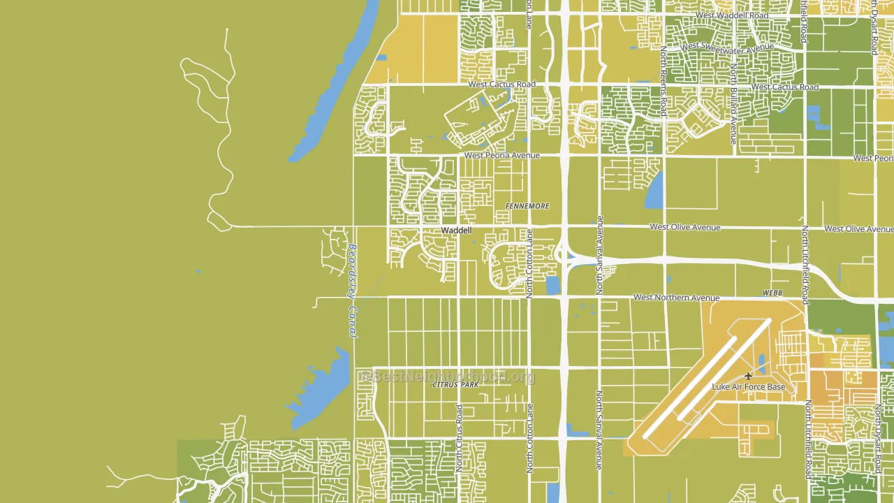 Map of the best neighborhoods in the Waddell area, with better matches in green and worse matches in red