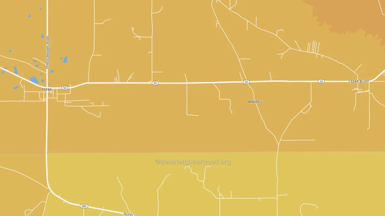 Map of the best neighborhoods in the Waddell area, with better matches in green and worse matches in red