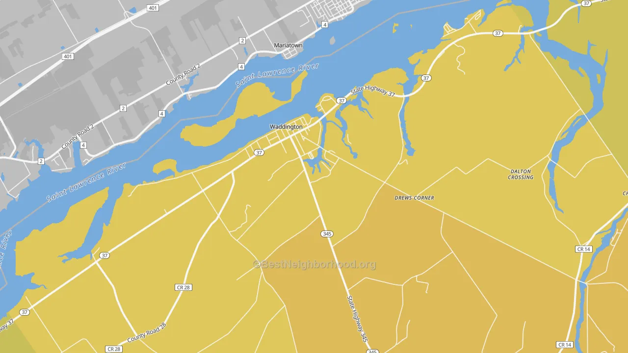 Map of the best neighborhoods in the Waddington area, with better matches in green and worse matches in red