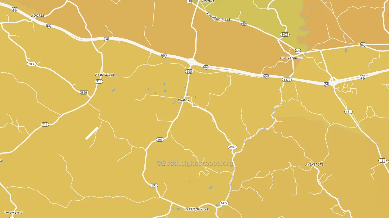 Map of the best neighborhoods in the Waddy area, with better matches in green and worse matches in red