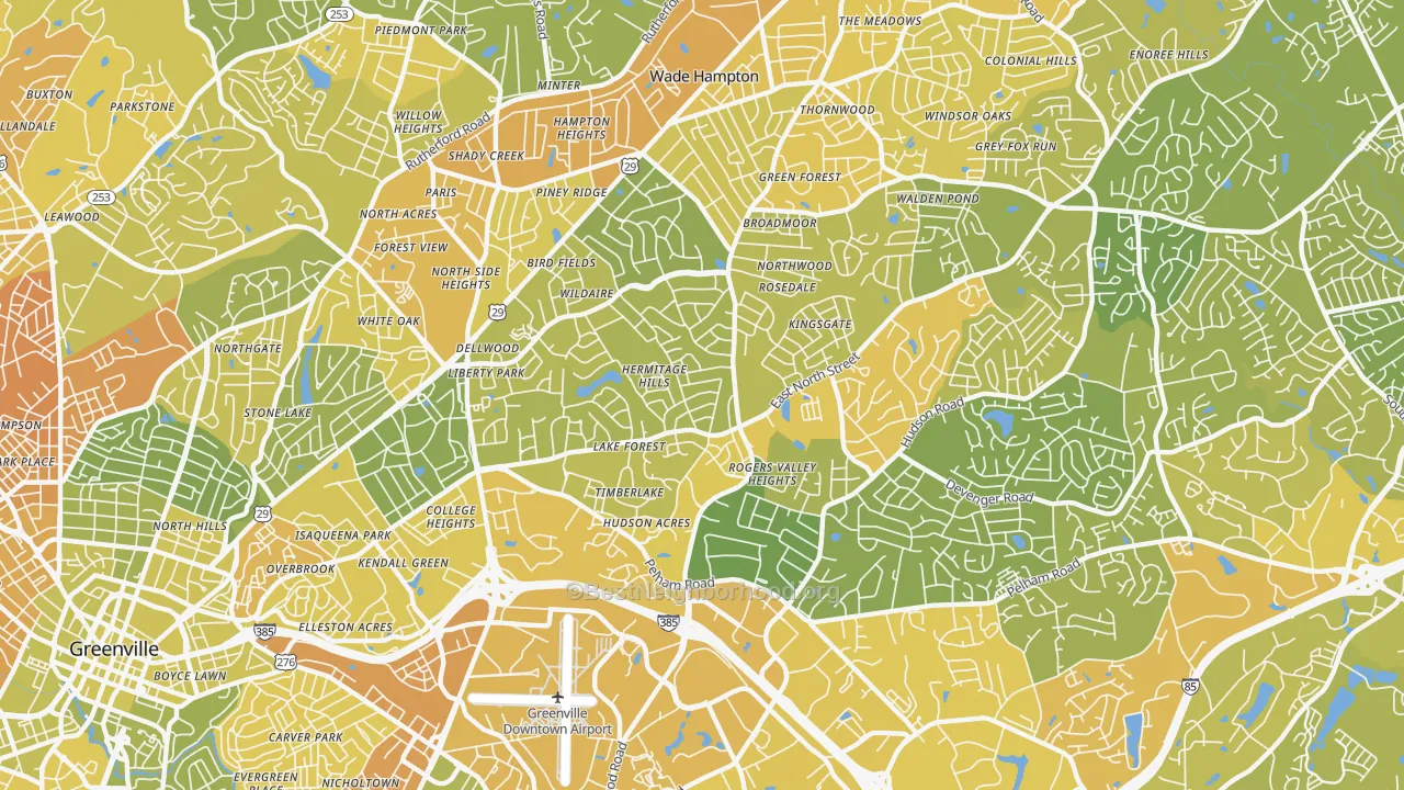 Map of the best neighborhoods in the Wade Hampton area, with better matches in green and worse matches in red