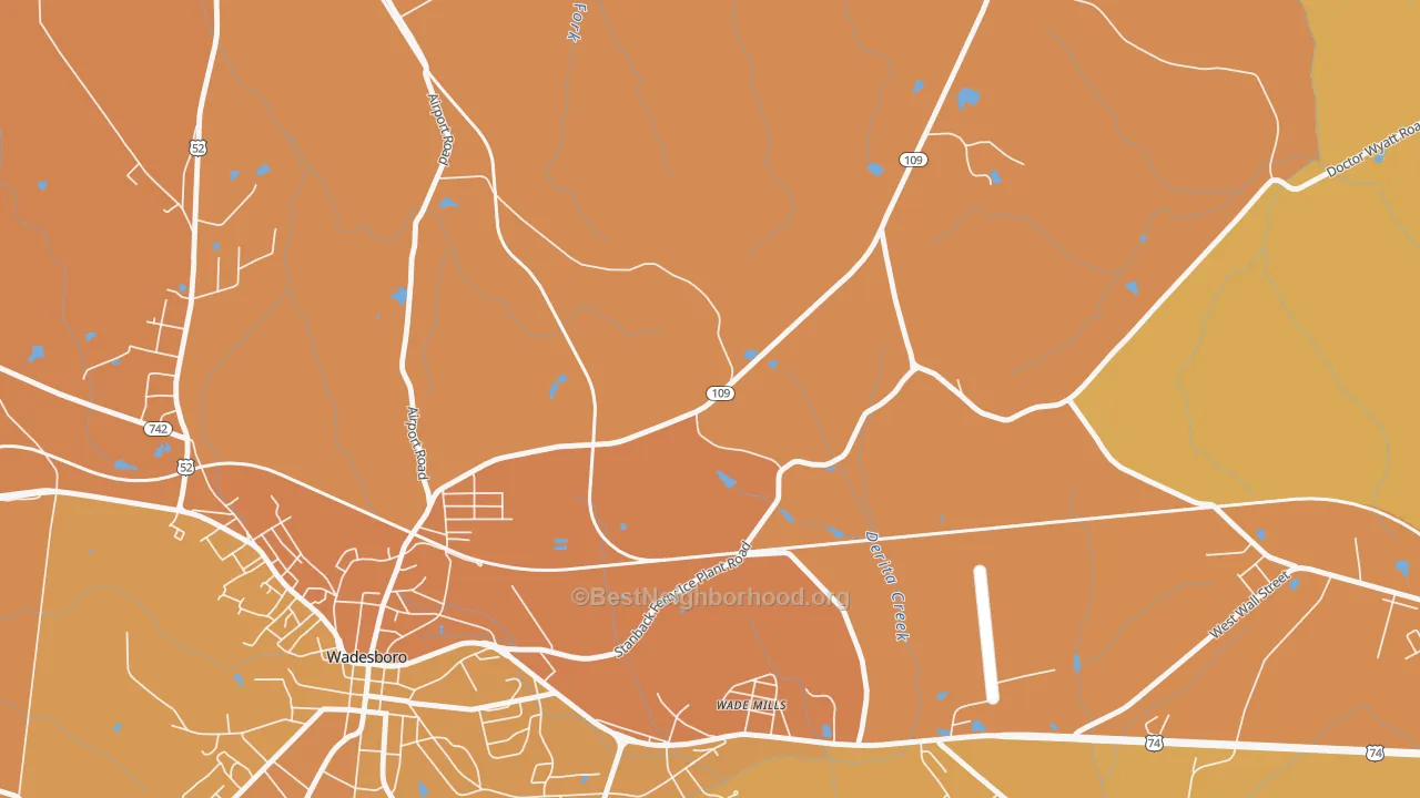 Map of the best neighborhoods in the Wade Mills area, with better matches in green and worse matches in red
