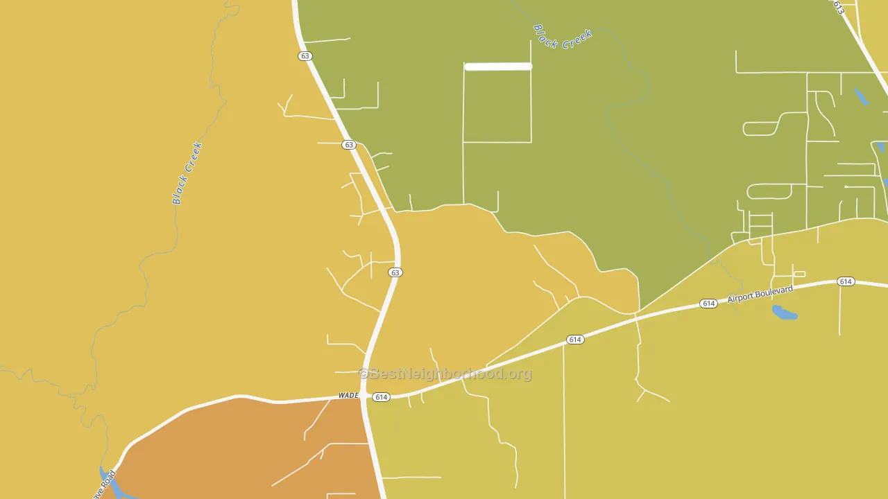 Map of the best neighborhoods in the Wade area, with better matches in green and worse matches in red