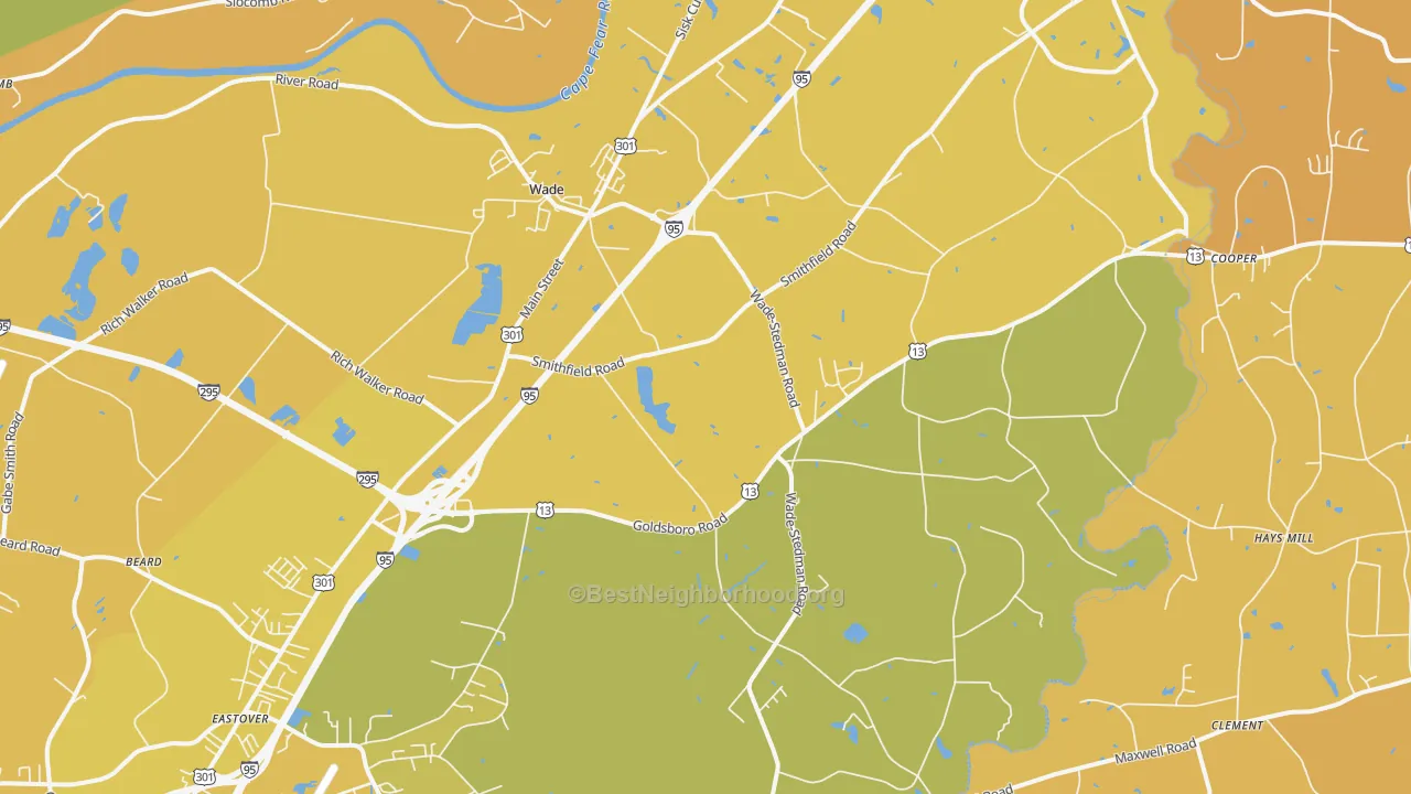 Map of the best neighborhoods in the Wade area, with better matches in green and worse matches in red