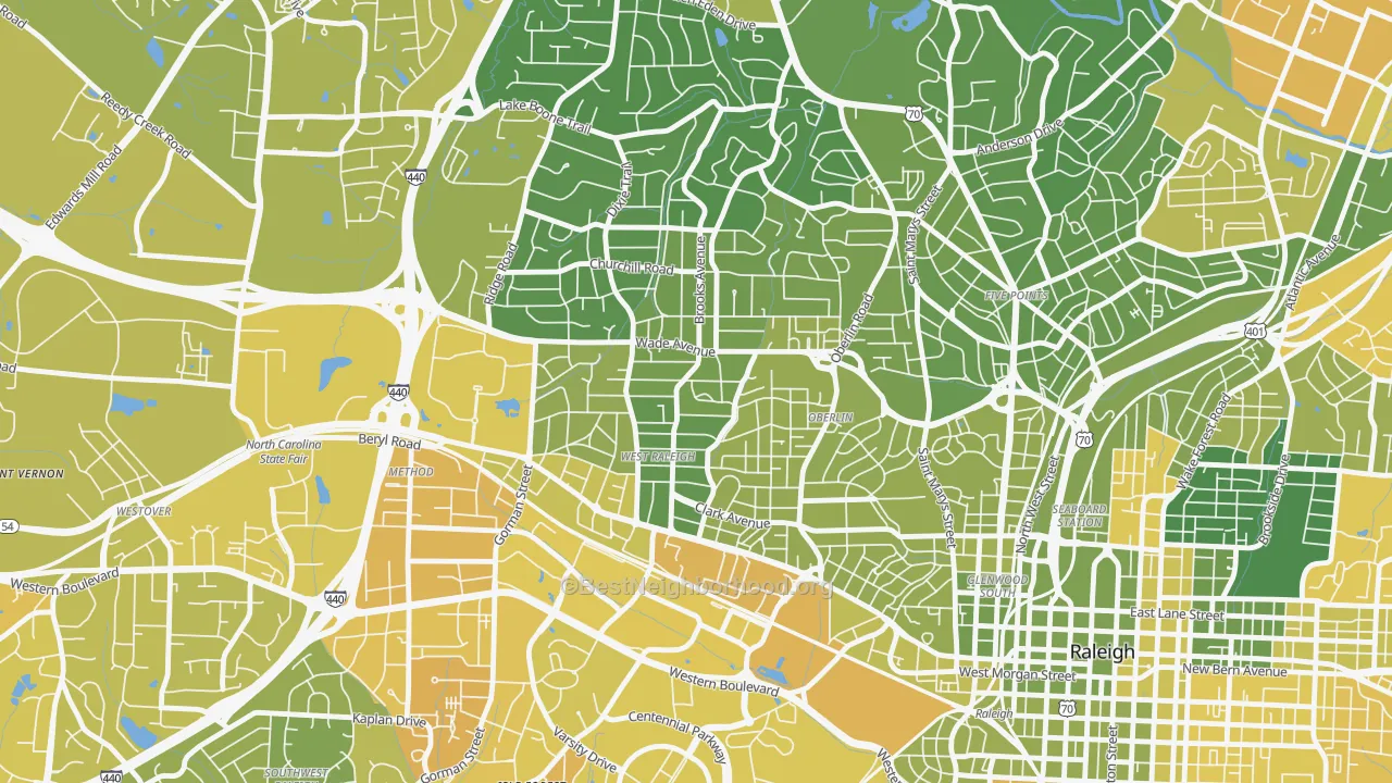 Map of the best neighborhoods in the Wade, Raleigh area, with better matches in green and worse matches in red