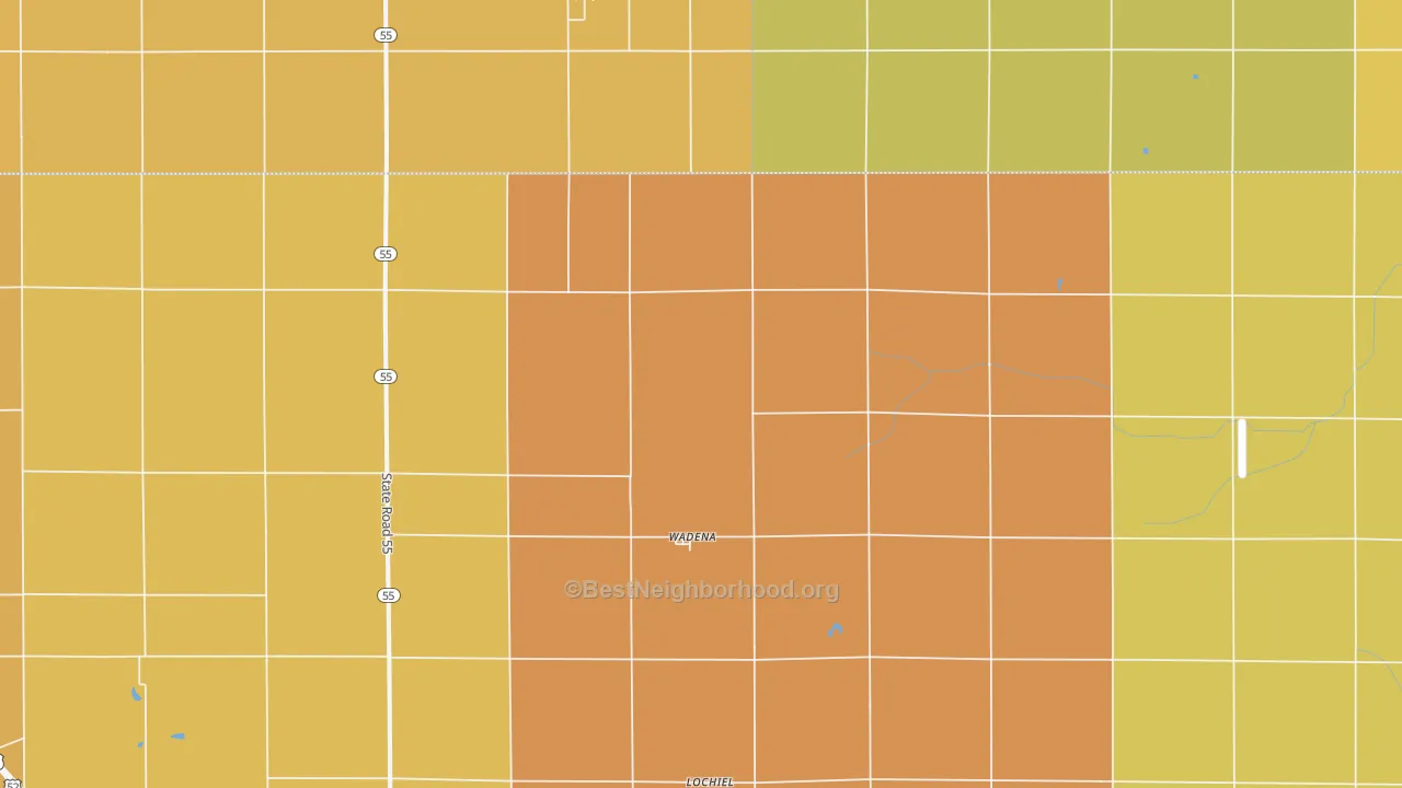 Map of the best neighborhoods in the Wadena area, with better matches in green and worse matches in red