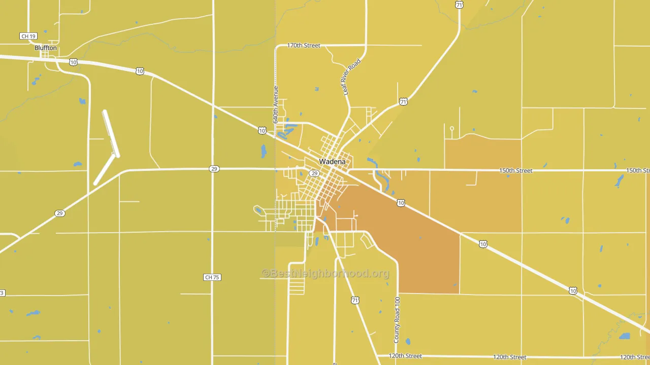 Map of the best neighborhoods in the Wadena area, with better matches in green and worse matches in red
