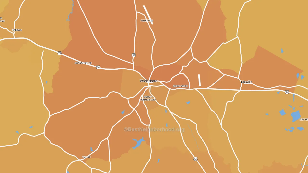 Map of the best neighborhoods in the Wadesboro area, with better matches in green and worse matches in red