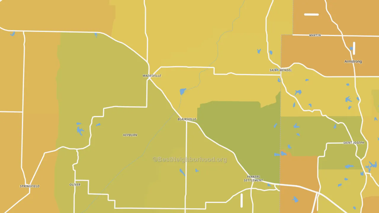 Map of the best neighborhoods in the Wadesville area, with better matches in green and worse matches in red