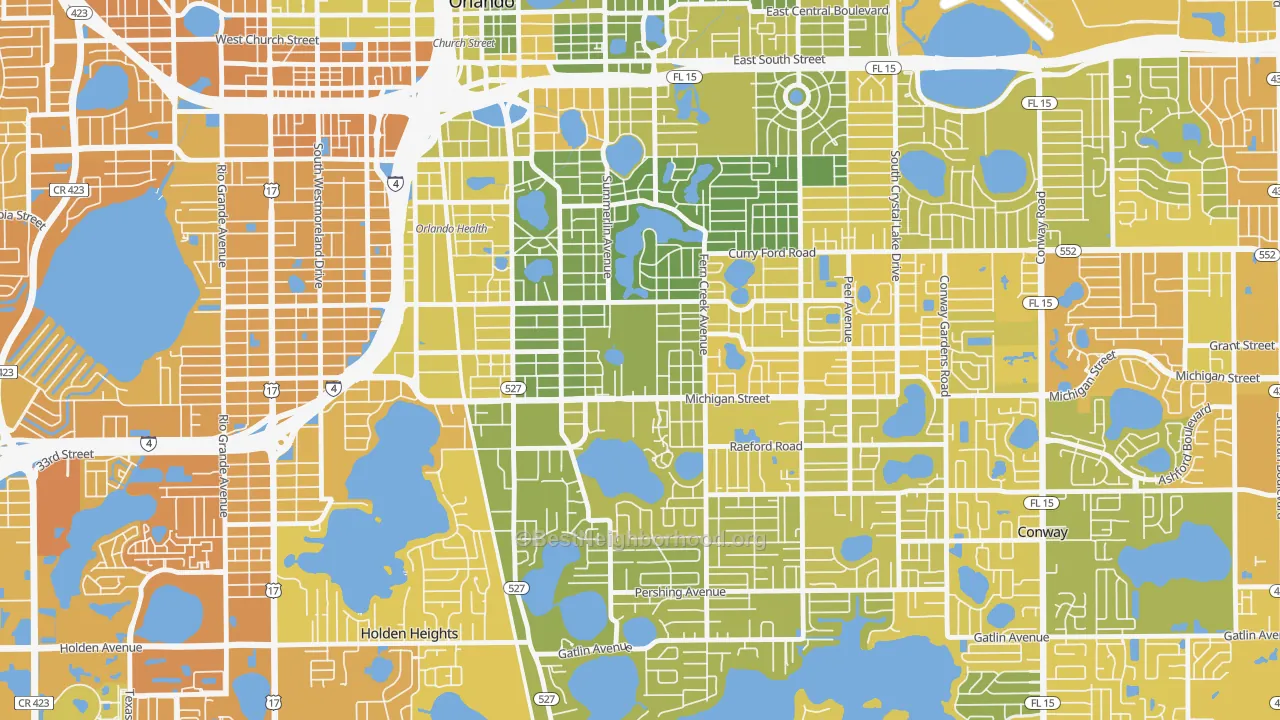 Map of the best neighborhoods in the Wadeview Park, Orlando area, with better matches in green and worse matches in red