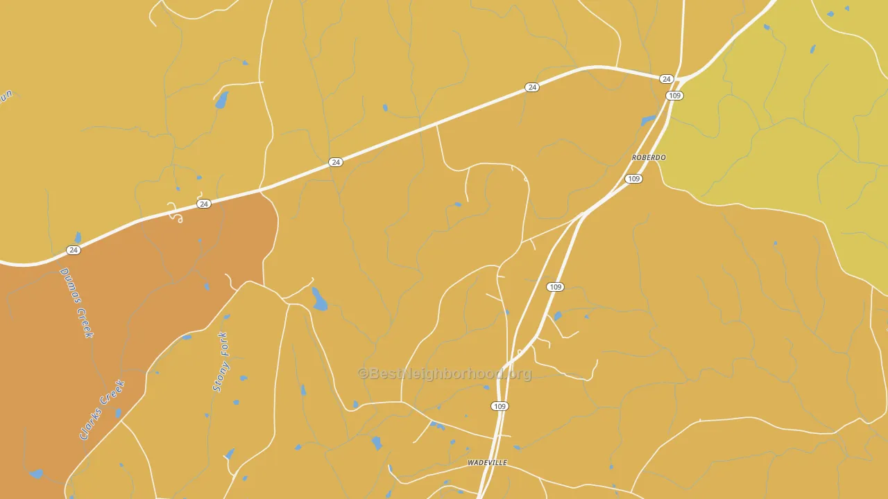 Map of the best neighborhoods in the Wadeville area, with better matches in green and worse matches in red