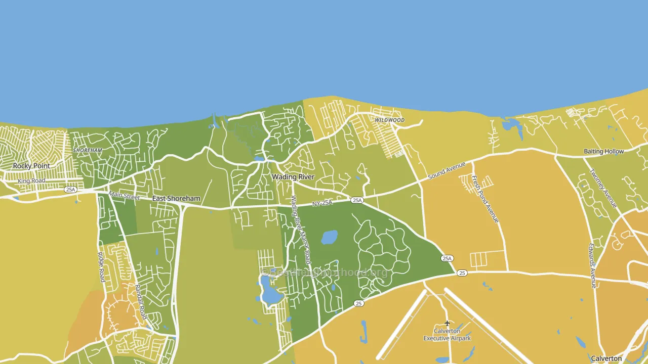 Map of the best neighborhoods in the Wading River area, with better matches in green and worse matches in red
