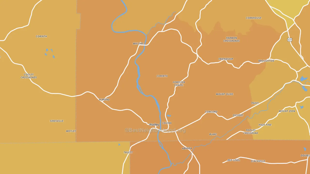 Map of the best neighborhoods in the Wadley area, with better matches in green and worse matches in red