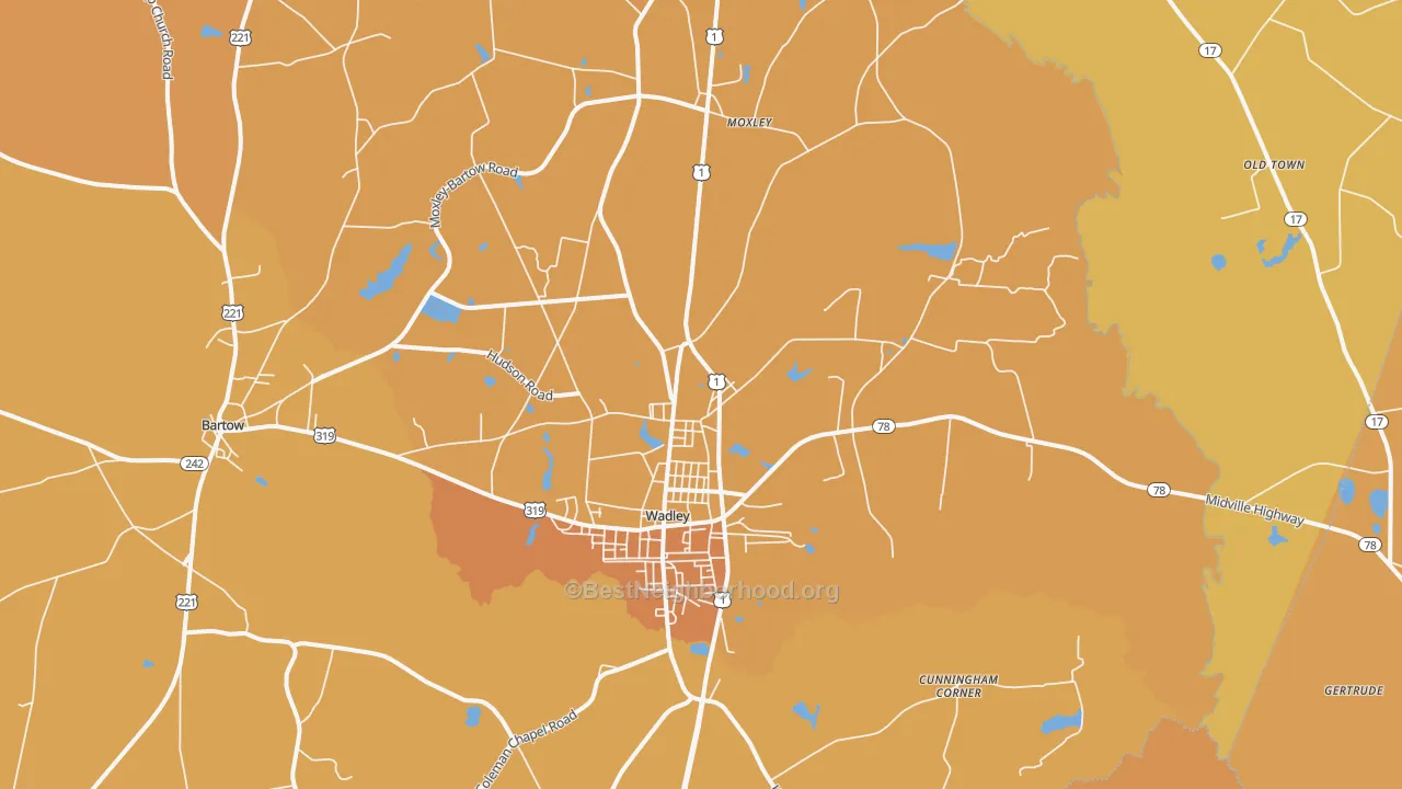 Map of the best neighborhoods in the Wadley area, with better matches in green and worse matches in red