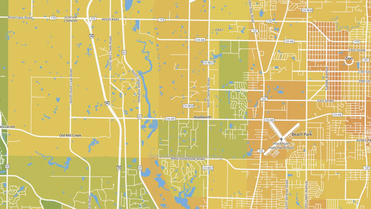 Map of the best neighborhoods in the Wadsworth area, with better matches in green and worse matches in red