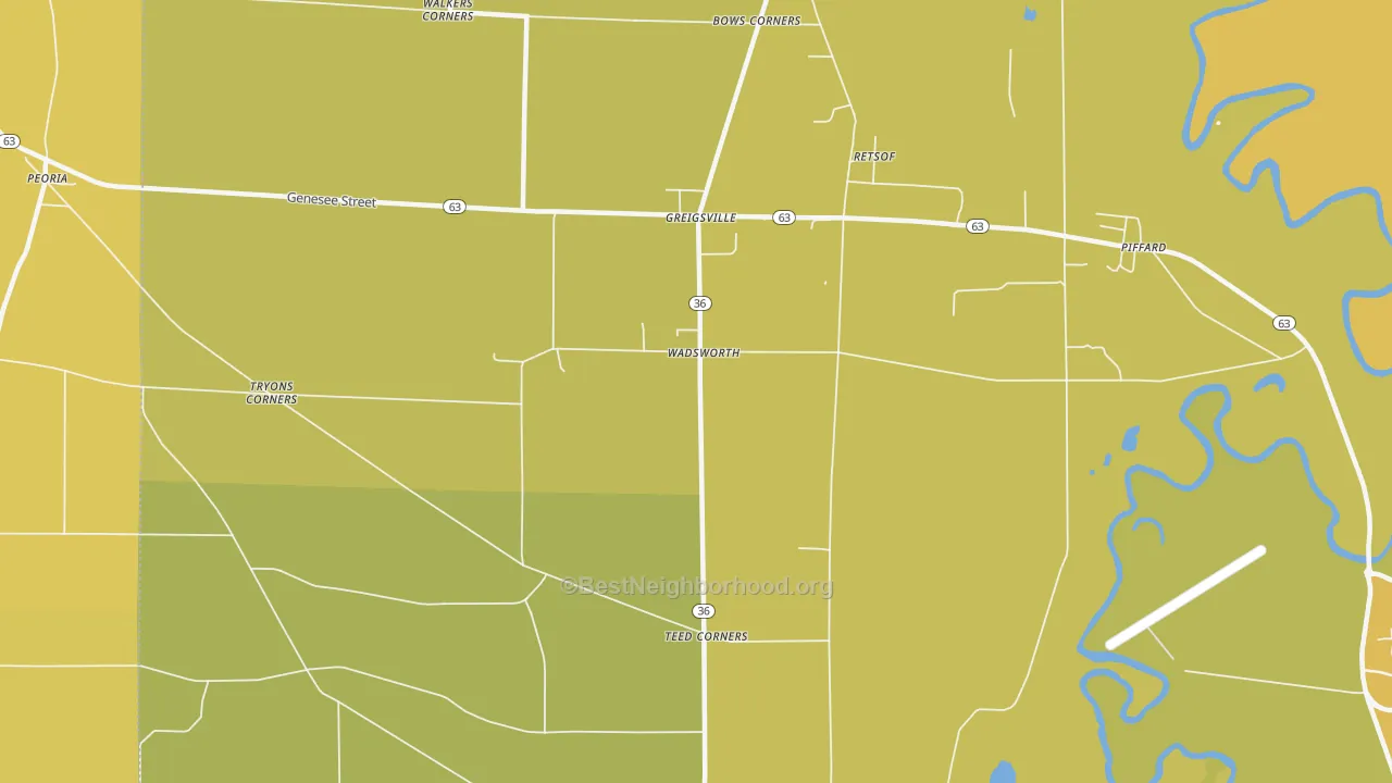 Map of the best neighborhoods in the Wadsworth area, with better matches in green and worse matches in red