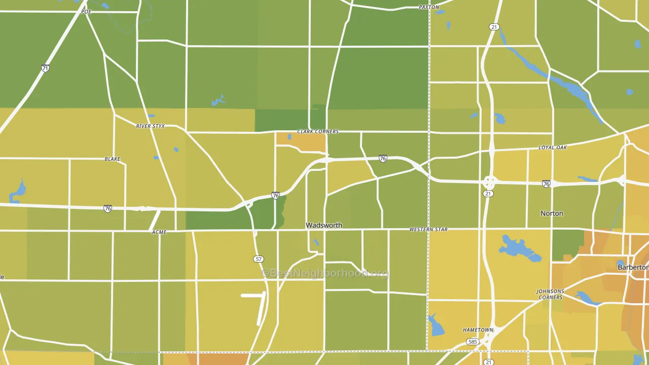 Map of the best neighborhoods in the Wadsworth area, with better matches in green and worse matches in red